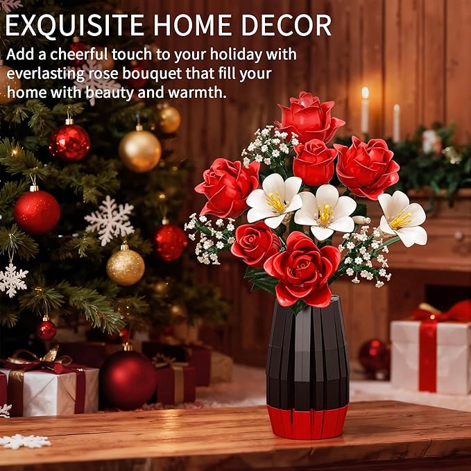 Rose Flower Building Blocks with Vase Set for Adults, Christmas Artificial Flower Bouquet Botanical Collection Bricks Anniversary Birthday Gifts for Her Women Mom Grandma Wife Men Home Decor -1077PCS