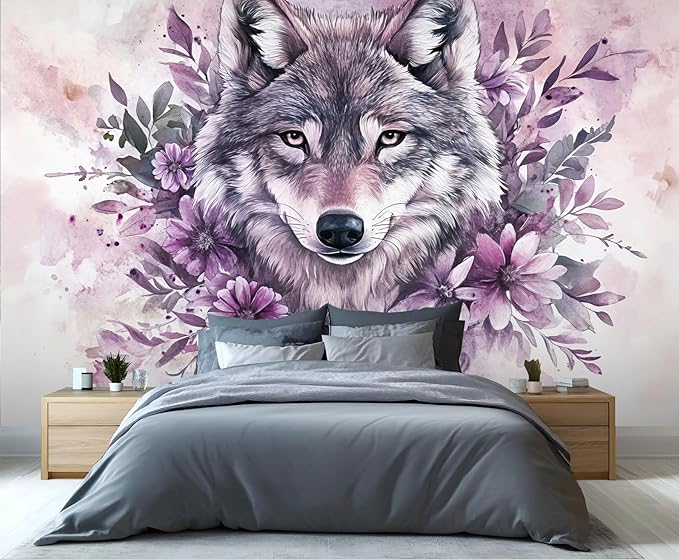 Wolf with Floral Watercolor Wall Mural, Purple Wolf Watercolor Art 3D Wall Murals, Art Flower Painting Wallpaper Mural, for Living Room Bedroom Large Wallpaper Indoor Decor 118" W x 82.6 "H