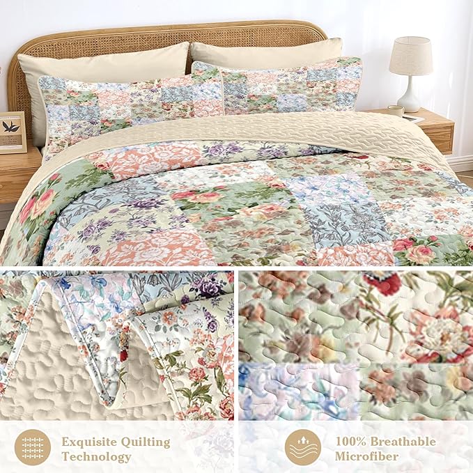 Quilt Set Twin Size, Vintage Patchwork Floral 2 Pcs Soft Bed Cover Bedding Set, Boho Mid Century Lightweight Bedspread Coverlet with Pillow Sham for All Season