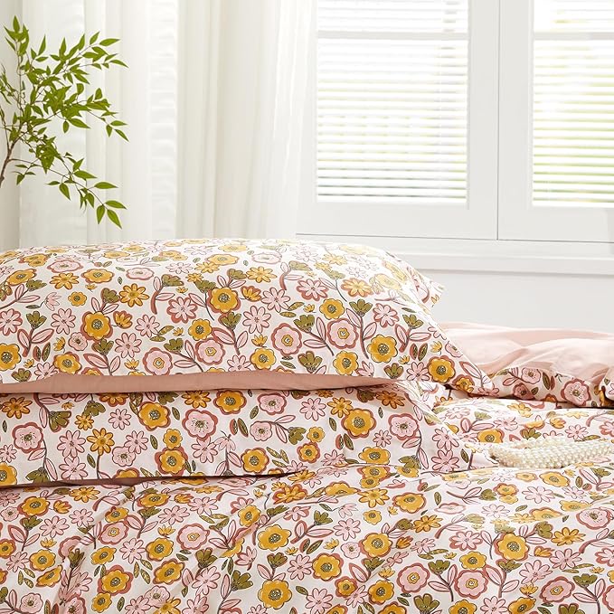 SAPHREAS Pink Floral Duvet Cover Set Queen Size Garden Style Yellow Flowers Bedding Comforter Cover Set 100% Cotton 1 Duvet Cover 90"x90" 2 Pillow Shams, Comforter Not Included