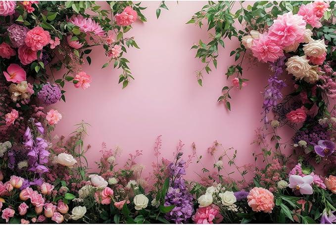 Flowers Photography Backdrop Colorful Flowers Composition Green Leaves on Pink Background for Girls Kids Children Wall Banner Cake Table Decoration Video Studio Photo Portrait Props 20x10ft