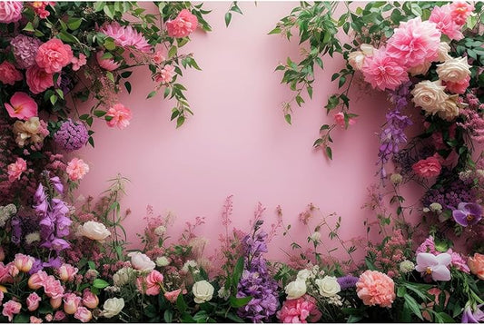 Flowers Photography Backdrop Colorful Flowers Composition Green Leaves on Pink Background for Girls Kids Children Wall Banner Cake Table Decoration Video Studio Photo Portrait Props 20x10ft