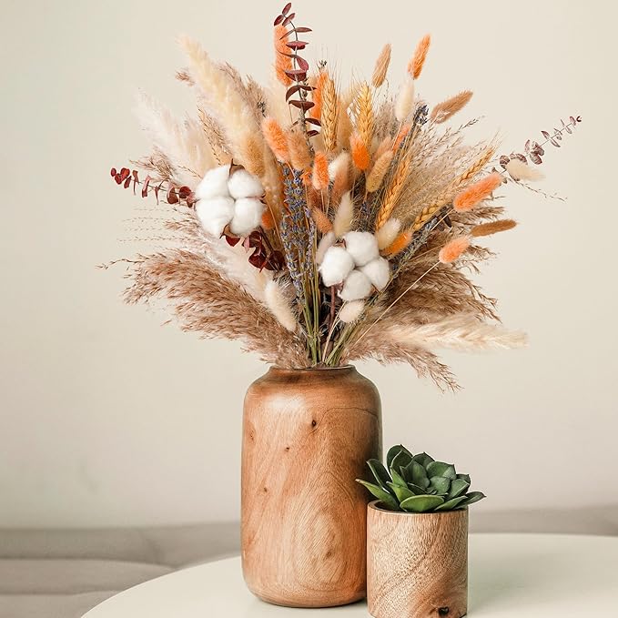 Fall Dried Flower Bouquet – Boho Fall Decor with Pampas Grass, Cotton, and Orange Bunny Tails – Autumn Floral Arrangement for Home, Mantel, or Vase – Fall Decorations for Home Indoor & Porch