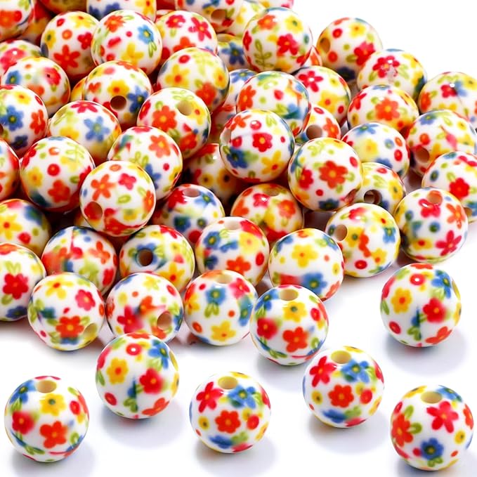 100 PCS 10mm Resin Beads Bulk for Bracelet Making Kit, Colorful Floral Printed Round Loose Beads for Jewelry Earring Necklace Rings Art Craft DIY Projects