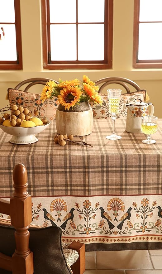 Vintage Brown Checkered Long Rectangle Tablecloth,Italian Floral Linen Wrinkle Free Table Cloth,Decor Table Cover for Kitchen,Dining,Thanksgiving,Christmas,Party,63"*94"-Seville