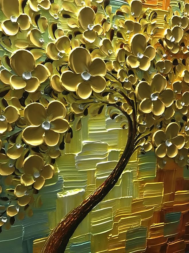 YaSheng Art - 3D Oil Paintings On Canvas Golden Flowers Tree Paintings Abstract Artwork Wall Art For living Room,Dinning Room Home Decor Framed Stretched Ready to Hang 24x24inch