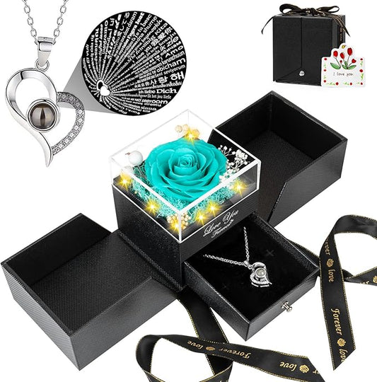 Preserved Light Blue Real Rose with I Love You Necklace -Eternal Flowers Rose Gifts for Mom Grandma Wife Girlfriend Gifts for Her Christmas Birthday Anniversary