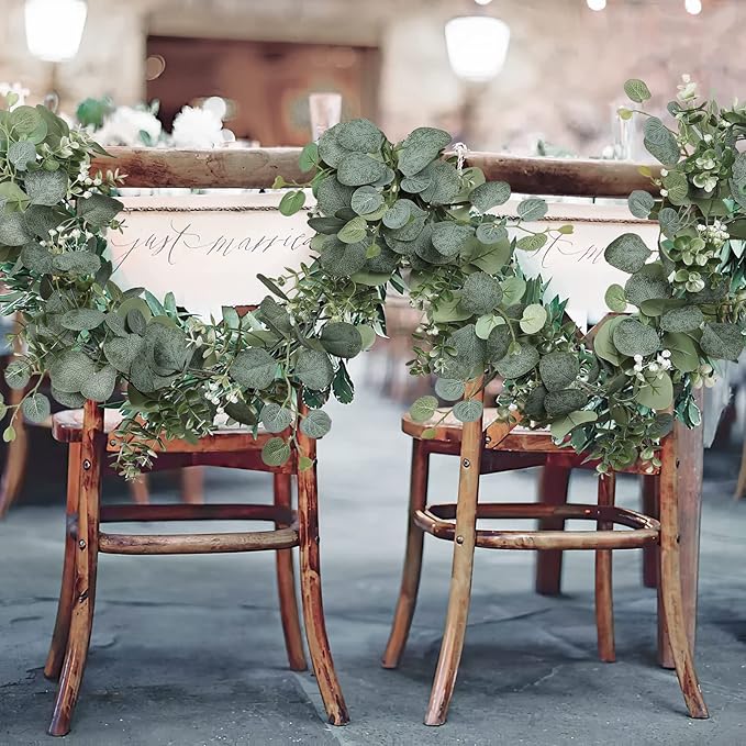 SOMYTING Artificial Eucalyptus Garland with White Flowers 4 Packs 5.9Ft Silver Dollar Eucalyptus Vine Faux Leaves Vine Greenery Garland for Table Wedding Arch Mantle Room Decor (4PCS)