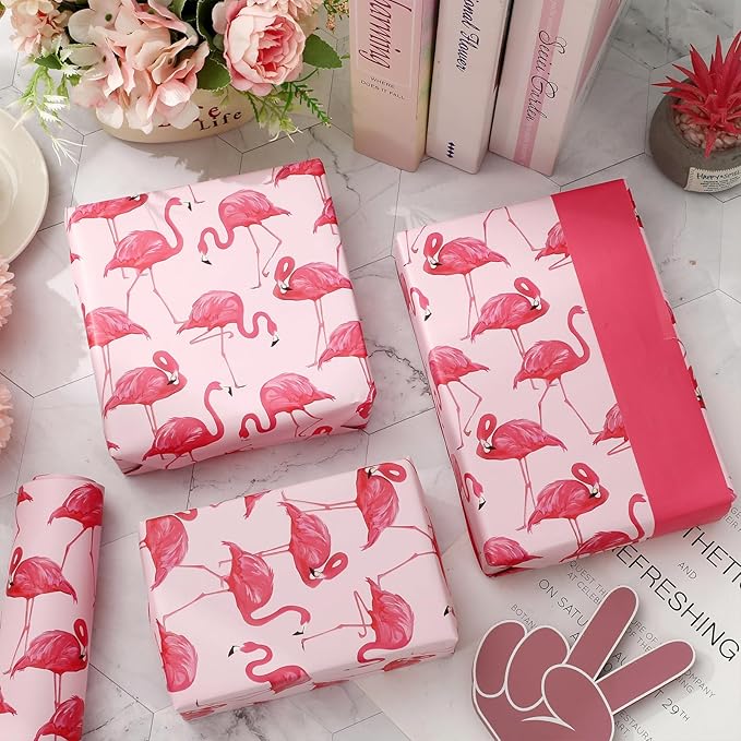 JarThenaAMCS Flamingo Wrapping Paper -Mini Roll- 17 Inch x 32.8Ft Double-Sided Pink Flamingo Gift Wrap Paper Tropical Art Paper for Summer Birthday Wedding DIY Crafts