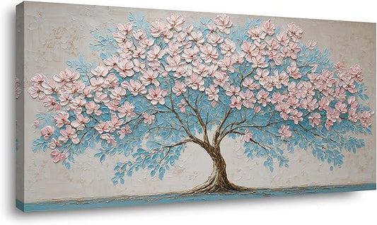 IDAFU Pink Tree of Life Canvas Wall Art Pink Flower Tree Wall Décor Abstract Pink Flowering Tree on Teal Blue Nature Landscape Painting Ready for Living Room, Bedroom, Office Home Décor 46L x 23W
