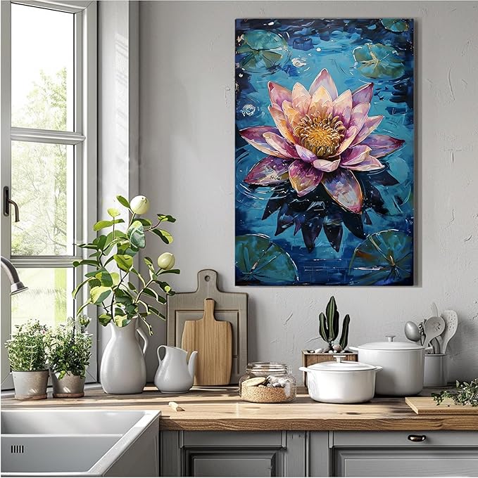 Gorgeous pink and purple water lilies on deep blue water Eye-catching oil painting Serene aquatic wall art for modern home decor 8x12in Frameless
