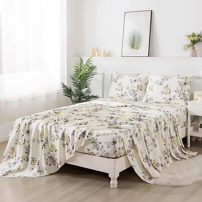 FADFAY Floral Sheets Set Twin Vintage Rose Floral Bedding Shabby Grey and Yellow Peony Sheets Farmhouse Bedding 800 Thread Count 100% Egyptian Cotton Soft Deep Pocket Fitted Sheet 4Pcs, Twin Size