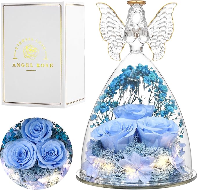 Christmas Rose Gifts for Women Preserved Real Flower in Glass Angel Figurines Roses for Delivery Prime Birthday Gifts for Mom Grandma Girlfriend Wife Her, Sky Blue