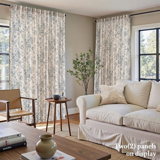 jinchan Linen Floral Curtains 100 Inch Extra Wide for Patio Sliding Glass Door Room Divider Curtain for Living Room 90 Inch Length Farmhouse Peony Blue Printed Curtain Set 1 Panel