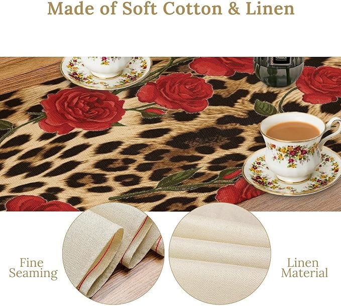 Red Rose Leopard Print Table Runner, Romantic Vintage Rose Flower Spring Summer Dinner Runner Table Decoration for Home Kitchen Dining Holiday Wedding Party 13x90in