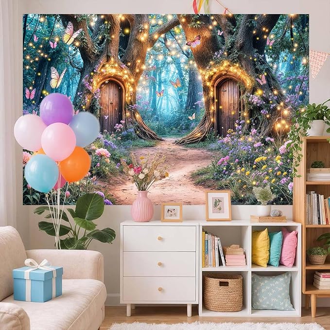 7X5ft Enchanted Forest Backdrop Fairy Enchanted Wonderland Garden Floral Butterfly Photography Background for Kids Girls Baby Shower Birthday Party Decoration Banner Cake Table Photo Booth Props