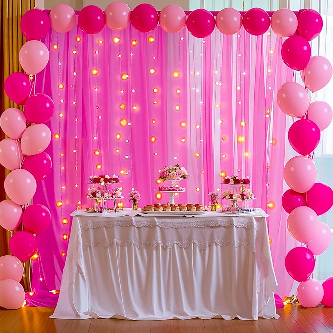 10x10ft Hot Pink Tulle Backdrop Curtain with Lights String for Parites, Sheer Backdrop Curtains for Wedding Baby Shower Birthday Party Photo Shoot Decorations