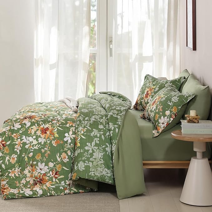 Dobuyly King Size Comforter Set, 7 Pieces Green Floral Comforter Set, Bed in a Bag King with Botanical Flowers Pattern, All Season Farmhouse Bedding Set with Sheets, Pillowcases & Shams