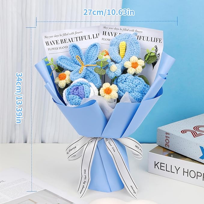 Crochet Flowers Bouquet, Handmade Crochet Flowers Knitted Bouquet, Tulips Flower Bouquet and Calla Lily for Birthday, Gifts for Women, Valentines (Blue)