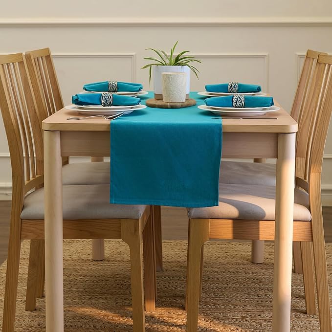 Encasa XO Table Runner 13"x72" Long | Cotton Canvas Fabric | Azul Blue Solid Color | Machine Washable & Durable