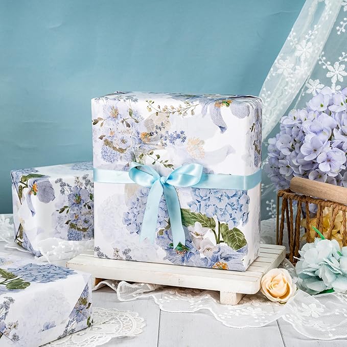 LeZakaa Floral Wrapping Paper Roll, Blue Hydrangea Flowers Party Gift Wrap for Wedding, Bridal Shower, Baby Shower, Anniversary, Mother's Day, Birthday, 17 inches x 16.4 Feet (23.2 sq.ft.)