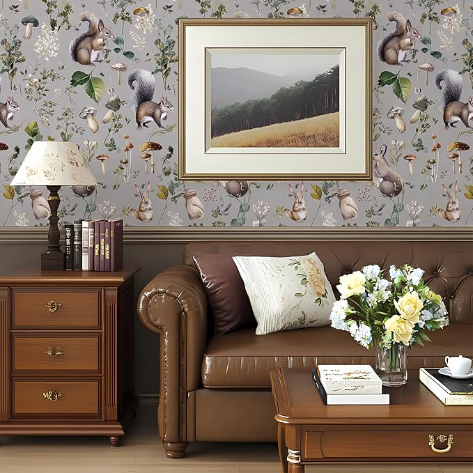 Whimsical Peel and Stick Floral Animal Wallpaper Squirrel Rabbit Removable Botanical Leaf 17.7" x 236.22" Wall Paper Watercolor Self Adhesive Contact Paper for Classroom Bedroom laundry room bathroom