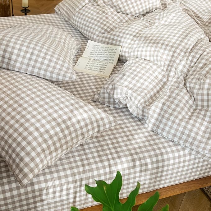 MooMee Gingham Duvet Cover Set 100% Washed Cotton Linen Like Textured Breathable Durable Soft Comfy Modern Checkered Design (Tannish Linen Grey Gingham, Twin 68"x90")