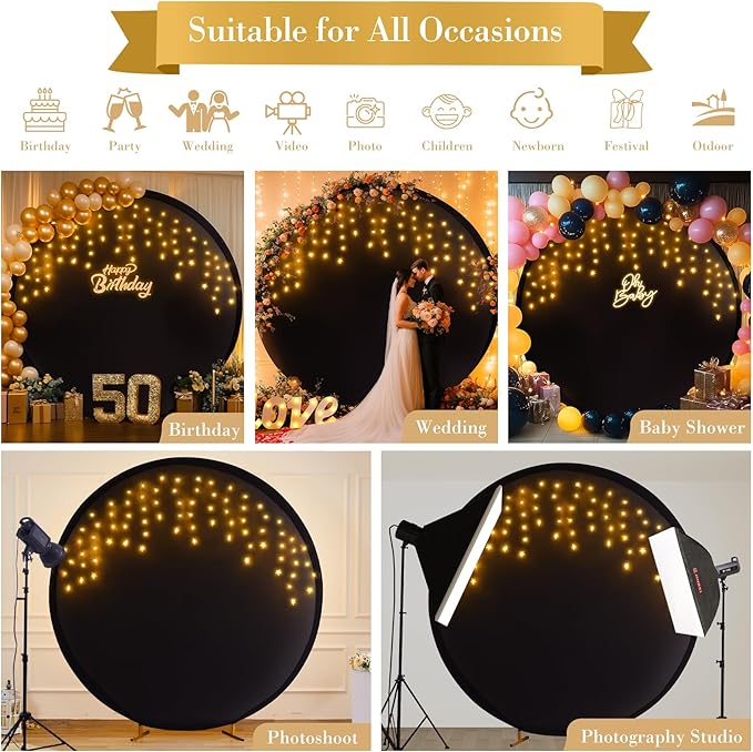 6.6 FT Black Round Backdrop Cover with Lights String for Circle Arch Stand Circle Backdrop Covers with LED Fairy Lights for Wedding Arch Baby Shower Birthday Party Photo Shoot Photography Background
