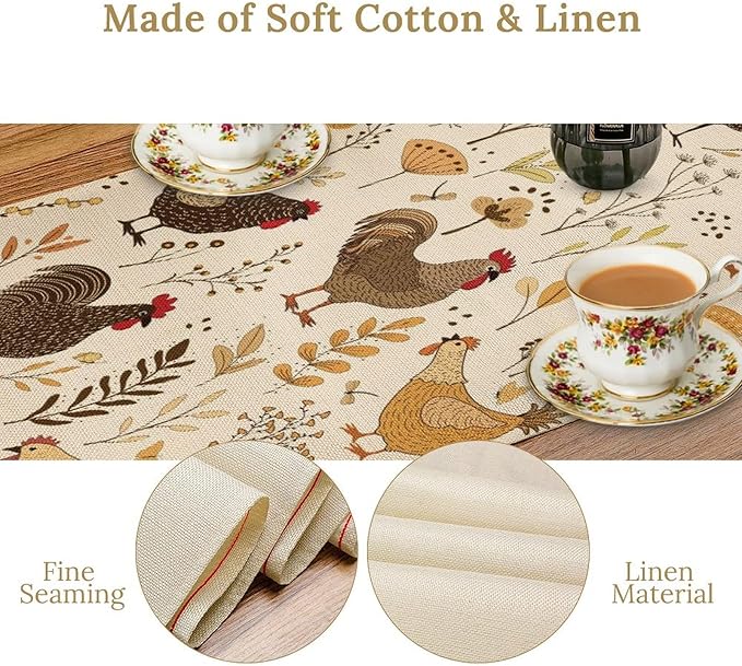 Farmhouse Rooster Table Runner, Rustic Farm Animals Cute Cartoon Chicken Floral Dinner Runner for Farmhouse Home Kitchen Dinner Table Holiday Party Decoration 13x120in