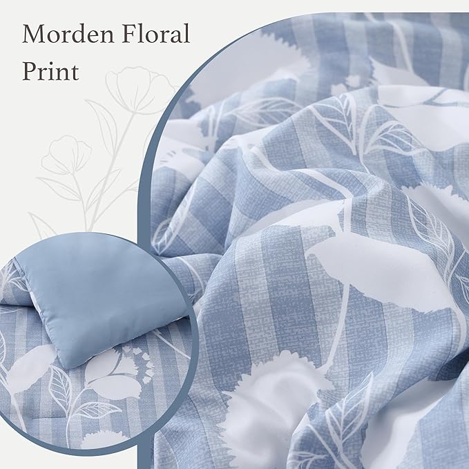 King Comforter Set -7 Pieces Blue Floral Comforter Set for All Seasons, Bed in a Bag King with Botanical Flowers Comforter, Sheets, Pillowcases & Shams