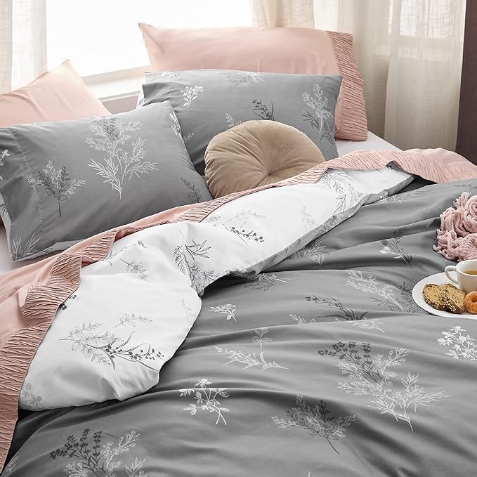 Bedsure Duvet Cover Queen Size - Reversible Floral Duvet Cover Set with Zipper Closure, 3 Pieces Grey Bedding Set with 8 Corner Ties and 2 Pillowcases 20"x26"