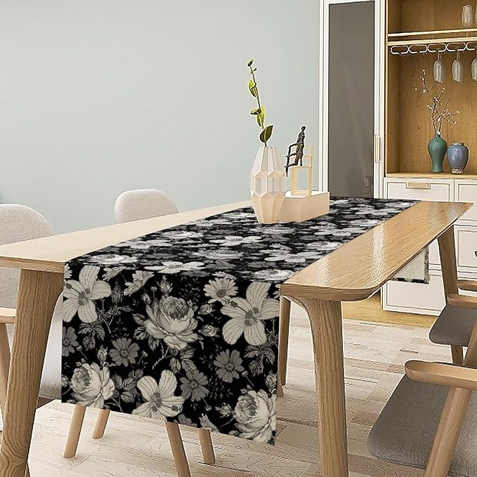 Black Floral Table Runner, Abstract Vintage Black White Floral Plants Leaves Boho Dark Gothic Garden Table Runner for Indoor Outdoor Party Wedding Decor, 13x108inch