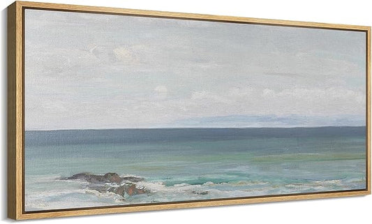 SIGNFORD Extra Large Framed Canvas Print Wall Art Peaceful Coastal Horizon Soft Seascape Illustrations Modern Art Relax/Calm Warm for Living Room, Bedroom, Office - 60"x30"