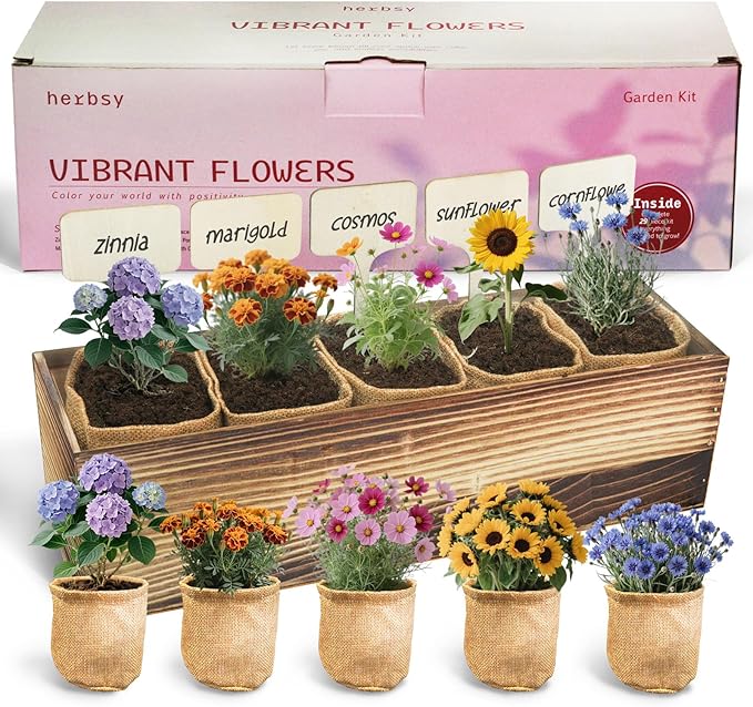 Herbsy 5 Indoor Flower Growing Kit, Complete Planting Starter Set with Sunflower, Zinnia, Marigold, Cosmos, Cornflower Seeds, Unique Birthday and Christmas Gifts for Women, Men, Plant Lovers