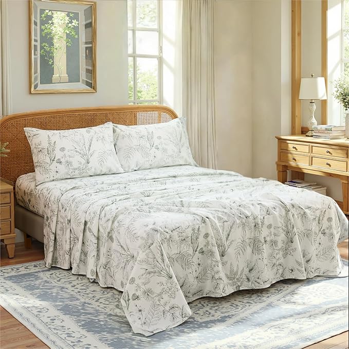 100% Cotton Sheet Set King Size – 4-Piece Chic Garden Floral Bedding Set, Soft Breathable Percale Weave, Deep Pocket Fitted Sheet 17.5", Crisp Cool Feel, Refined Botanical Elegance