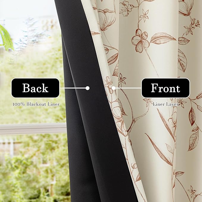 ChrisDowa Beige 100% Blackout Floral Curtains 84 Inches Long 2 Panels for Bedroom Living Room Brown Flower Patterned Room Darkening Thermal Insulated Soundproof Grommet Window Treatments Drapes,52X84