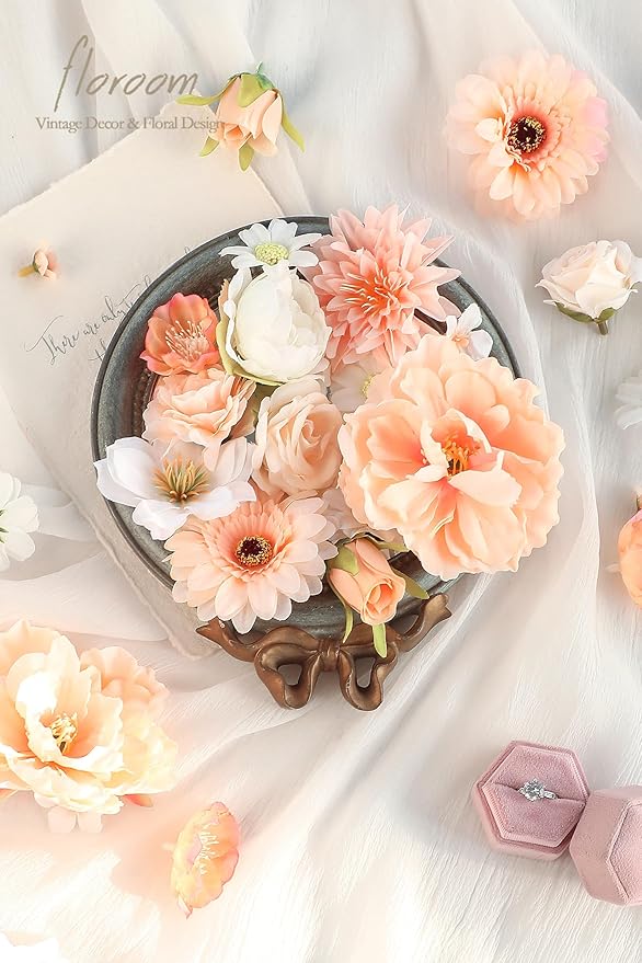 Floroom Mini Artificial Flower Heads Apricot Peach & Soft Cream Fake Peony Daisy Rose Multicolor Small Faux Silk Flower Heads for Cake Craft Garland Wedding Party Graduation Cap DIY Home Decoration