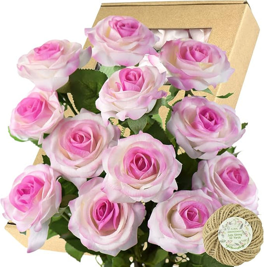 FiveSeasonStuff Fake Roses Wedding Flowers Real Touch Silk White & Purple Artificial Flowers 12 Stems