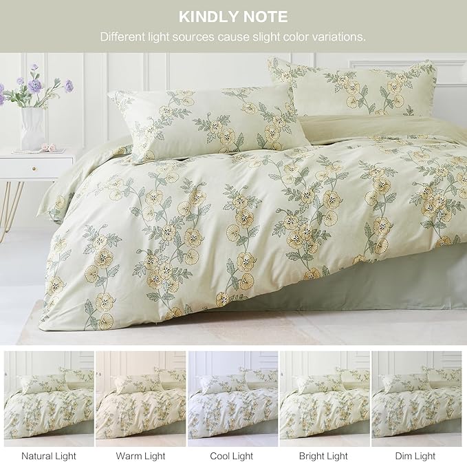 SAPHREAS Green Leaf Cotton Duvet Cover Set King Size 3pcs Tropical Botanical Yellow Flower Bedding Comforter Cover Set 1 Duvet Cover 2 Pillow Shams, Comforter Not Included