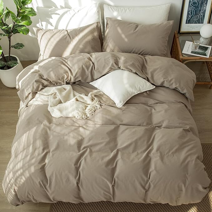 MooMee Bedding Duvet Cover Set 100% Washed Cotton Linen Like Textured Breathable Durable Soft Comfy (Solid Light Camel, Full 80"x90")
