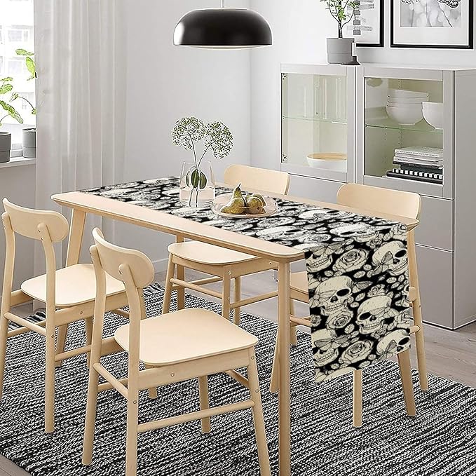 Gothic Table Runner,Black White Skeleton Flower Moth Print Table Runner for Home Kitchen Table Dining Garden Farmhouse Wedding Party Decor 13x108 Inch