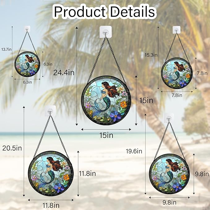 Stained Glass Window Hanging - Light Blue Mermaid Suncatcher for Door Terrace Garden Home Decor, Ocean Flowers Sun Catcher Birthday Gifts for Lovers Women Men Dad Mom Nana 7.8 in