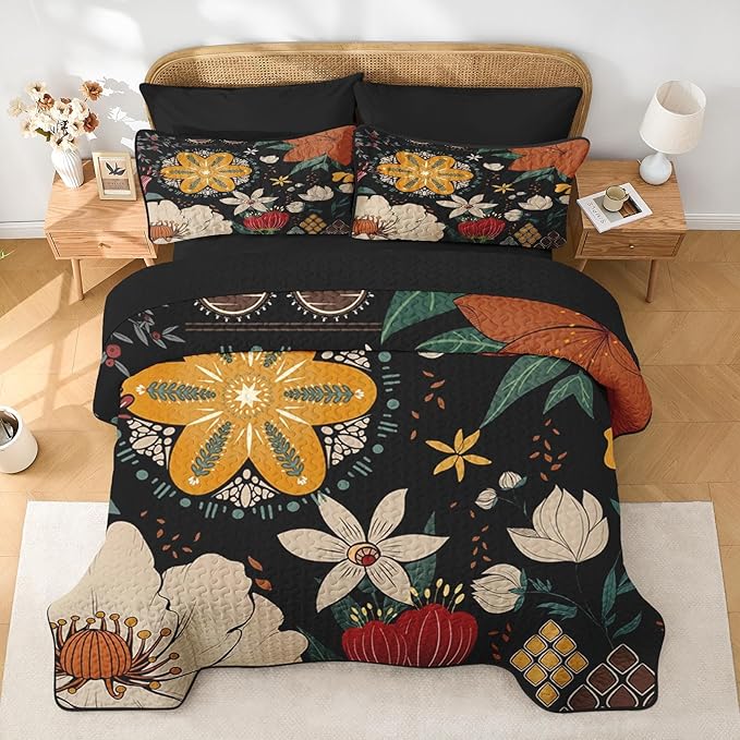 Quilt Set King Size, Black Tropical Floral 3 Pcs Soft Bed Cover Bedding Set, Farmhouse Botanical Lightweight Bedspread Coverlet with 2 Pillow Sham for All Season