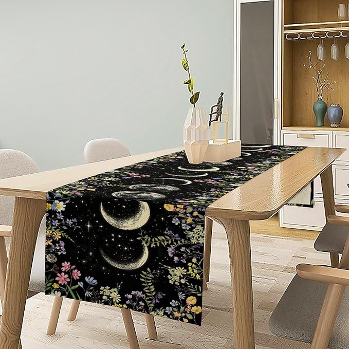 Wild Floral Table Runner, Boho Spring Gothic Moon Phase Wildflower Mystical Witchy Farmhouse Coffee Table Center Decor for Home Kitchen Dining Patio Holiday Party Table Decorations 13x90 inches