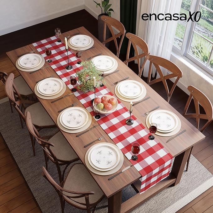 Encasa XO Cotton Dining Table Runner | Buffalo Red Checks | Size 13x120 in - Machine Washable & Durable
