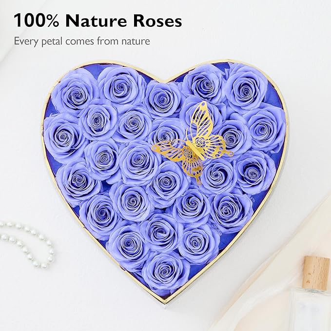 Eterfield Forever Flowers in Heart Shape Box, Preserved Roses That Last Over a Year Preserved Flowers Birthday Gift for Her Mom Women Anniversary Valentine's Day Mother's Day (27 Roses, Light Purple)
