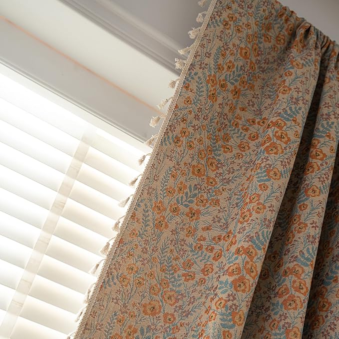 ENJOYBRIDAL Orange Floral Curtains 96 Inch Long Boho Light Filtering Drapes Vintage Jacquard Rod Pocket Semi Sheer Window Curtain Panels Bedroom Living Room Tassel 2 Panels Set Window Treatments