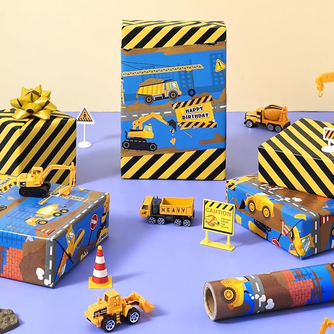 WERNNSAI Construction Wrapping Paper Roll-1 Roll 17”X 16.4 Ft Construction Truck Gift Wrapping Paper With Striped Design for Kids Boys Reversible Tractor Truck Gift Wrap for Birthday Holiday Party Supplies
