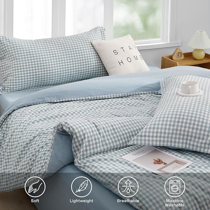 SAPHREAS Twin Size Light Blue Plaid Duvet Cover 100% Washed Cotton Soft Comforter Cover Simple Style 2pcs 1 Blue Grid Duvet Cover 1 Pillow Sham, Comforter Not Included