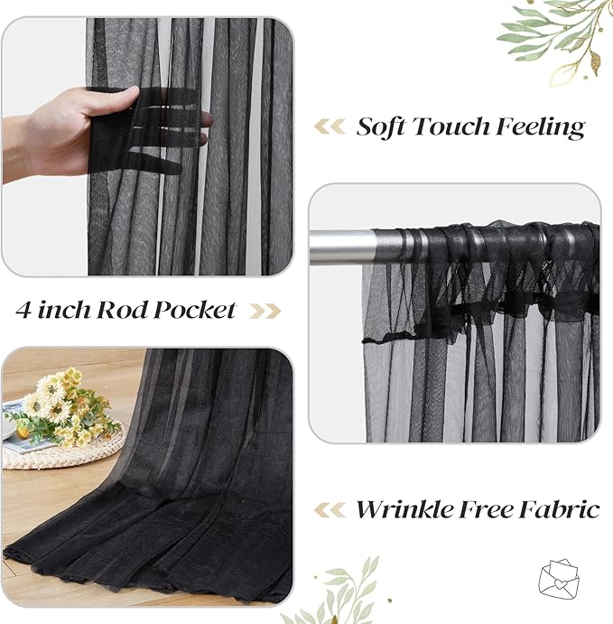 10ft x 10ft Black Backdrop Curtain with Lights String for Parties, Sheer Tulle Wedding Photo Backdrops Drapes for Baby Shower Birthday Party Decorations Background for Photography